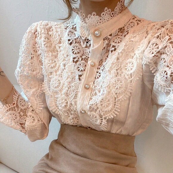 Apricot Elegant Women's Mock Neck Victorian Lace Puff Sleeve Shirt Blouse - Picture 3 of 4